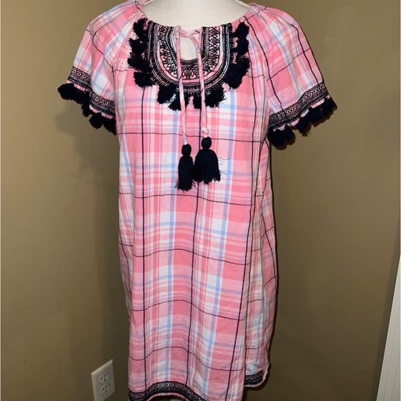 Crown & Ivy Pink Blue White Plaid Tassel Dress Short Sleeve Size 2 - Picture 1 of 10